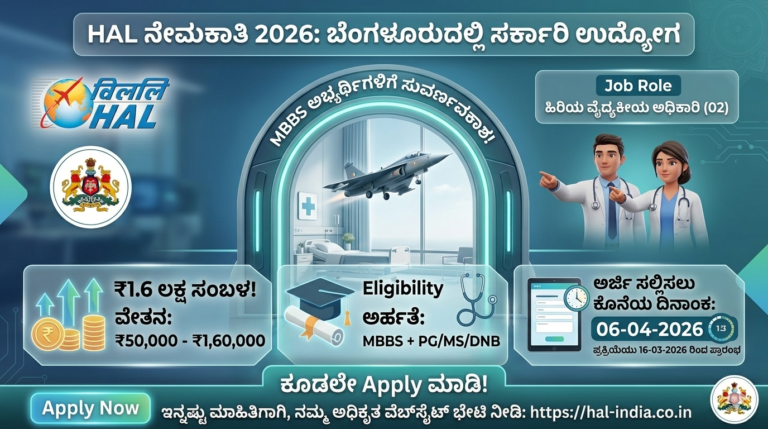 HAL Recruitment 2026 ಬೆಂಗಳೂರು ವೈದ್ಯಕೀಯ ಅಧಿಕಾರಿ ಉದ್ಯೋಗ ₹1.6 ಲಕ್ಷ ಸಂಬಳ MBBS apply now