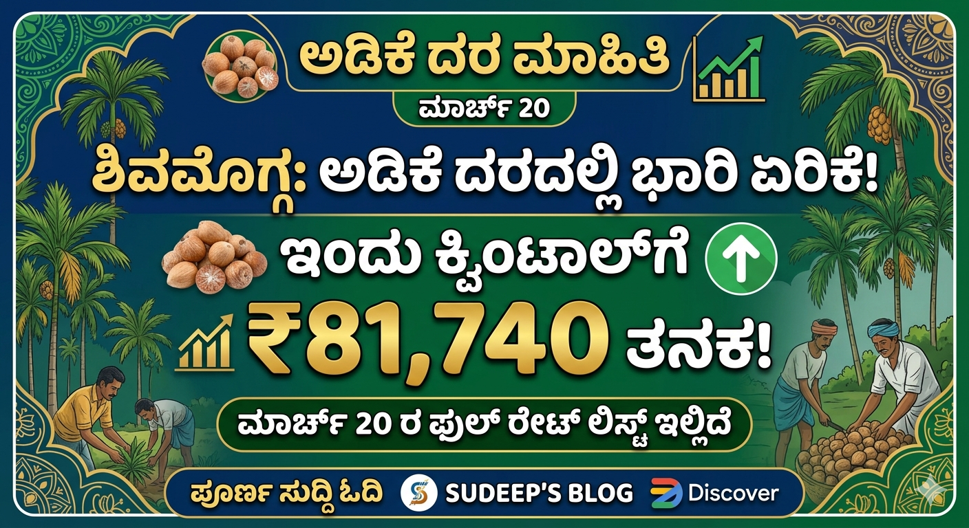 Arecanut Price Today: ಶಿವಮೊಗ್ಗದಲ್ಲಿ ಅಡಿಕೆ ದರ ಏರಿಕೆ! ಇಂದು ಕ್ವಿಂಟಾಲ್‌ಗೆ ₹81,740 ತನಕ – ಮಾರ್ಚ್ 20 ರ ಫುಲ್ ರೇಟ್ ಲಿಸ್ಟ್