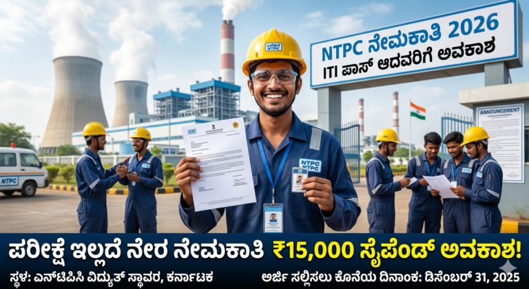 NTPC Recruitment 2026: ಪರೀಕ್ಷೆ ಇಲ್ಲದೆ ನೇರ ನೇಮಕಾತಿ – ITI ಪಾಸ್ ಆದವರಿಗೆ ₹15,000 ಸ್ಟೈಪೆಂಡ್ ಅವಕಾಶ!
