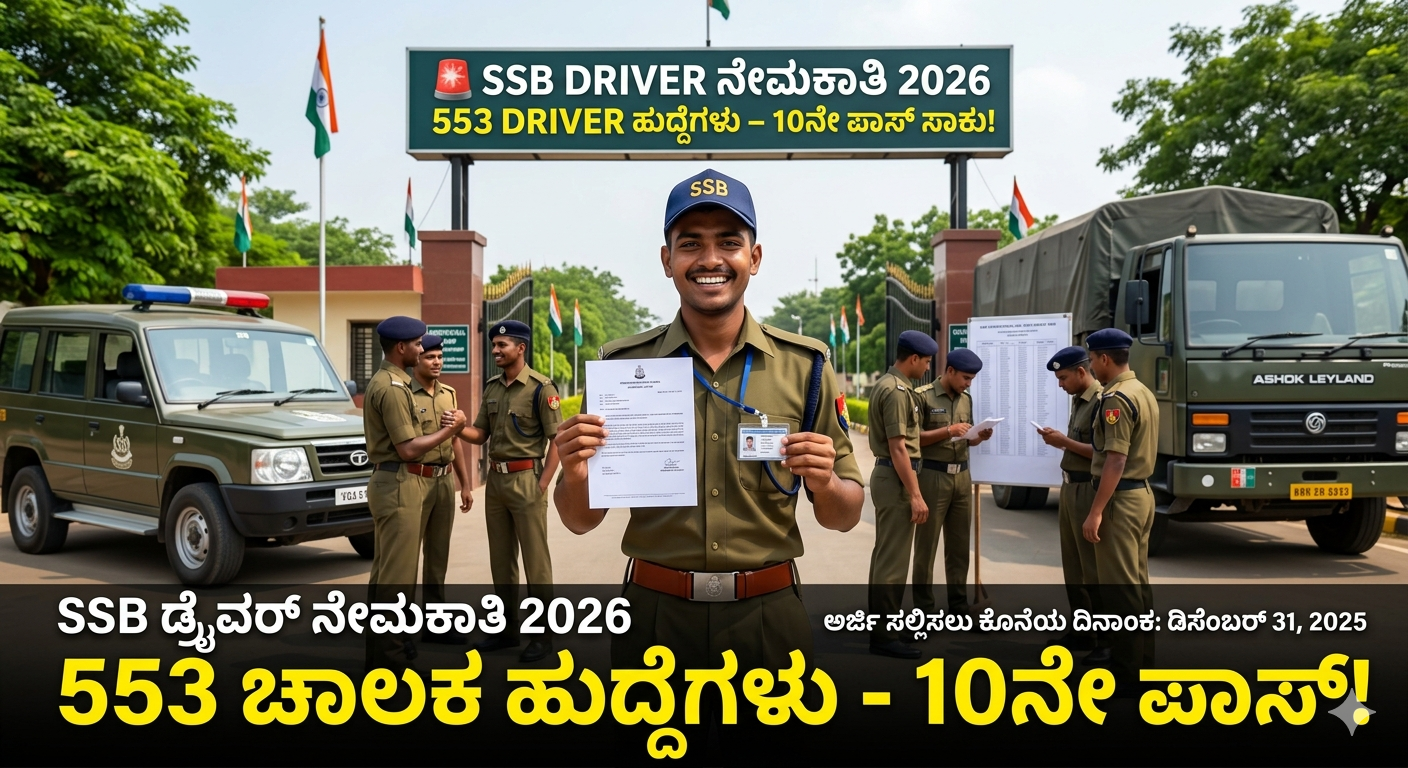SSB Driver Recruitment 2026: 553 Driver ಹುದ್ದೆಗಳು – 10ನೇ ಪಾಸ್ ಸಾಕು, ₹69,100 ಸಂಬಳ! ಈಗಲೇ ಅರ್ಜಿ ಹಾಕಿ