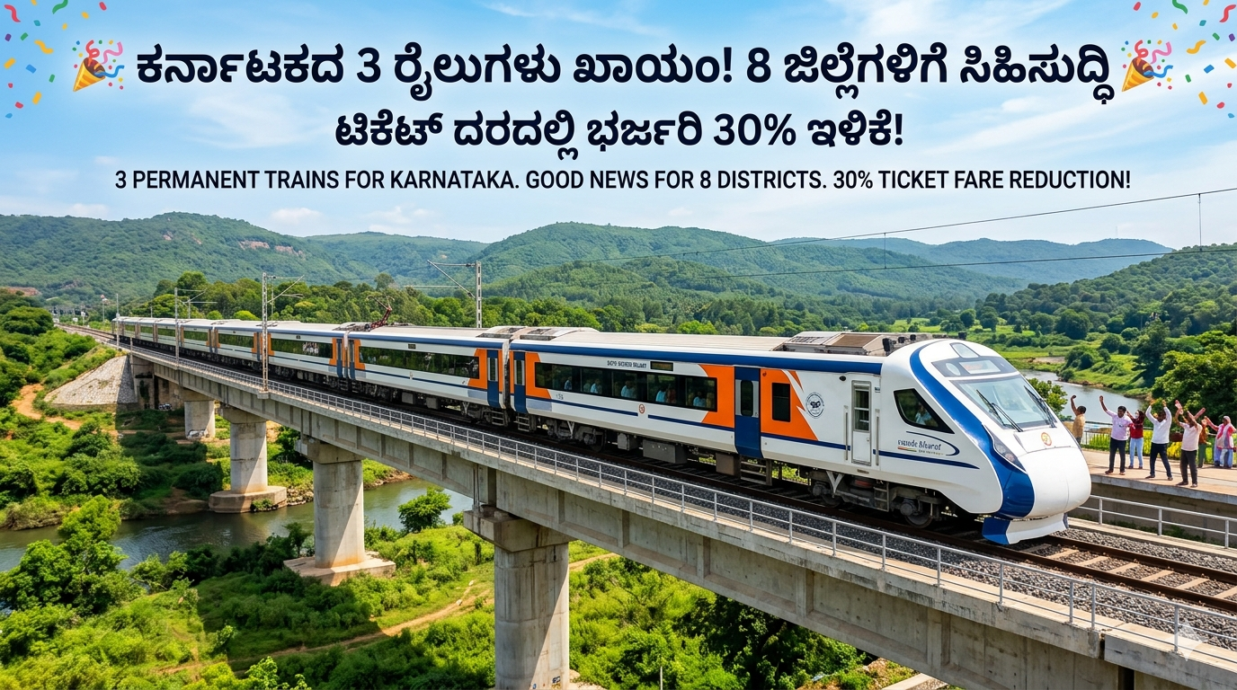 ಕರ್ನಾಟಕದ 3 ರೈಲುಗಳು ಖಾಯಂ! 🎉 8 ಜಿಲ್ಲೆಗಳಿಗೆ ಭರ್ಜರಿ ಸಿಹಿಸುದ್ದಿ – ಟಿಕೆಟ್ ದರ 30% ಇಳಿಕೆ, ಸಂಪೂರ್ಣ ವಿವರ ಇಲ್ಲಿದೆ