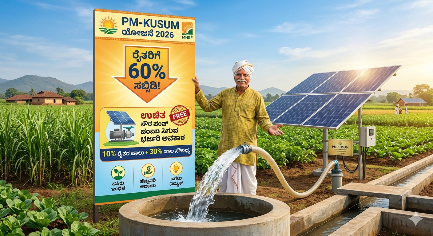 PM-KUSUM Scheme 2026: ರೈತರಿಗೆ 60% ಸಬ್ಸಿಡಿ! ಉಚಿತ ಸೌರ ಪಂಪ್ ಸಿಗುವ ಭರ್ಜರಿ ಅವಕಾಶ 🌞