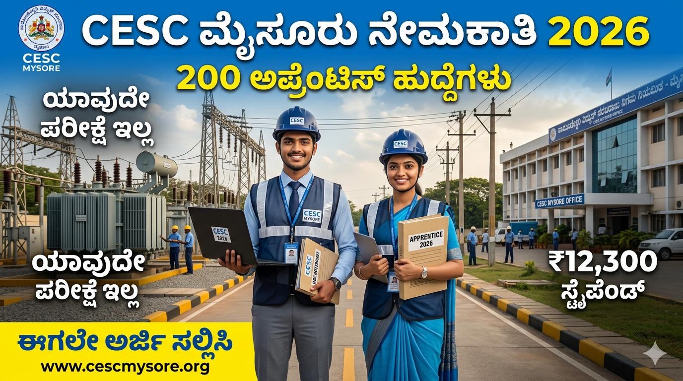 CESC Mysore Recruitment 2026: ಪರೀಕ್ಷೆ ಇಲ್ಲದೆ 200 ಹುದ್ದೆಗಳ ನೇಮಕಾತಿ – Degree ಪಾಸಾದವರು ಅರ್ಜಿ ಹಾಕಿ!