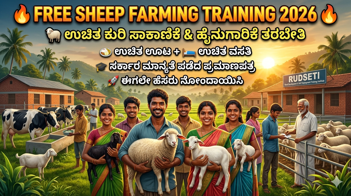 Free Sheep Farming Training 2026: ಉಚಿತ ಕುರಿ ಸಾಕಾಣಿಕೆ ಮತ್ತು ಹೈನುಗಾರಿಕೆ ತರಬೇತಿ – ಊಟ & ವಸತಿ ಫ್ರೀ!