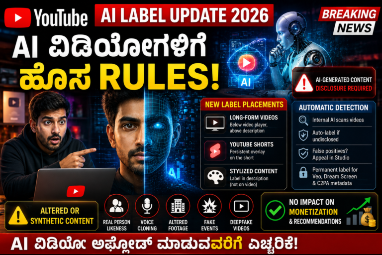 YouTube AI Label Update 2026: AI ವಿಡಿಯೋಗಳಿಗೆ ಹೊಸ Warning Labels! Creatorsಗೆ ದೊಡ್ಡ ಶಾಕ್