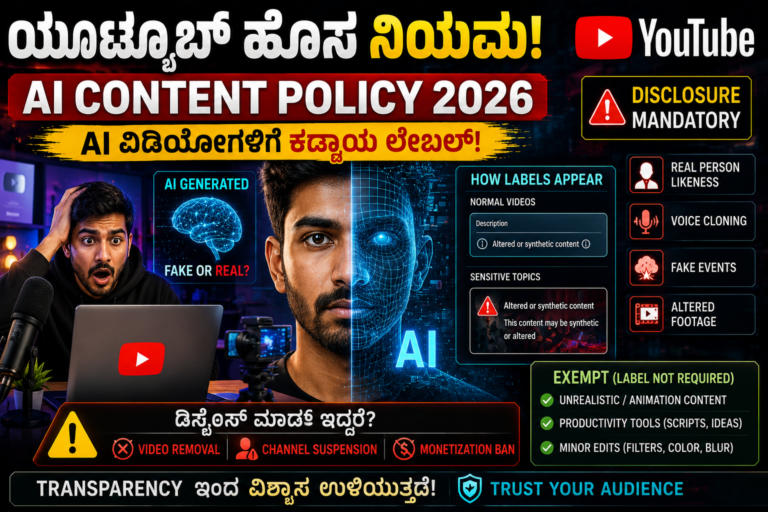 YouTube AI Content Policy 2026: AI ವಿಡಿಯೋಗಳಿಗೆ ಹೊಸ ನಿಯಮ! Creators ಗಮನಿಸಲೇಬೇಕಾದ ದೊಡ್ಡ ಅಪ್ಡೇಟ್