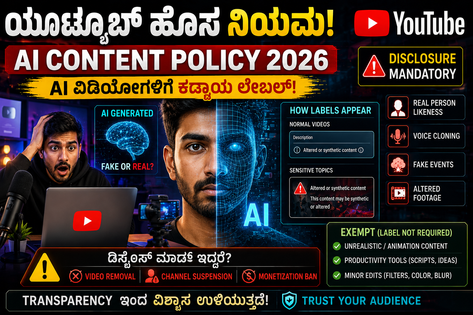 YouTube AI Content Policy 2026: AI ವಿಡಿಯೋಗಳಿಗೆ ಹೊಸ ನಿಯಮ! Creators ಗಮನಿಸಲೇಬೇಕಾದ ದೊಡ್ಡ ಅಪ್ಡೇಟ್