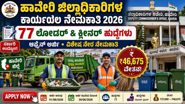 ಹಾವೇರಿ ಜಿಲ್ಲಾಧಿಕಾರಿಗಳ ಕಾರ್ಯಾಲಯ ನೇಮಕಾತಿ 2026: 77 ಲೋಡರ್ ಮತ್ತು ಕ್ಲೀನರ್ ಹುದ್ದೆಗಳಿಗೆ ಅರ್ಜಿ ಆಹ್ವಾನ; ₹46,675 ವರೆಗೆ ವೇತನ!