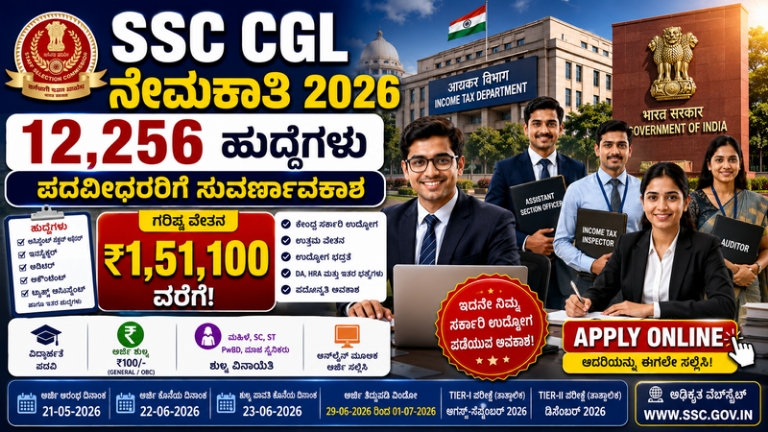 SSC CGL Recruitment 2026: 12,256 ಕೇಂದ್ರ ಸರ್ಕಾರಿ ಹುದ್ದೆಗಳಿಗೆ ಅರ್ಜಿ ಆಹ್ವಾನ | ₹1.51 ಲಕ್ಷ ವೇತನ!